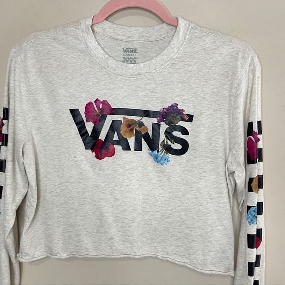 VANS Cropped Graphic Logo Tee Floral Checkered Print Long Sleeve, XS - Picture 2 of 7